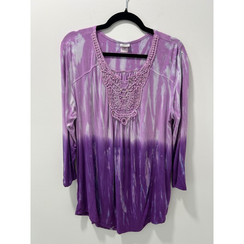 Adrienne Goldfield Womens Purple Tie Dye Crochet Lace Rhinestone Boho Top Large